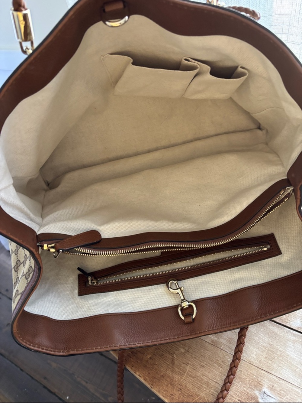 Gucci Beige and Brown GG Canvas Braided Handle Tote with Tassels - Picture 6 of 9
